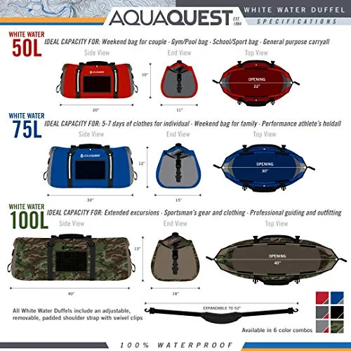 Aqua Quest White Water Duffel - 100% Waterproof 75 L Bag - Lightweight, Durable, External Pockets -