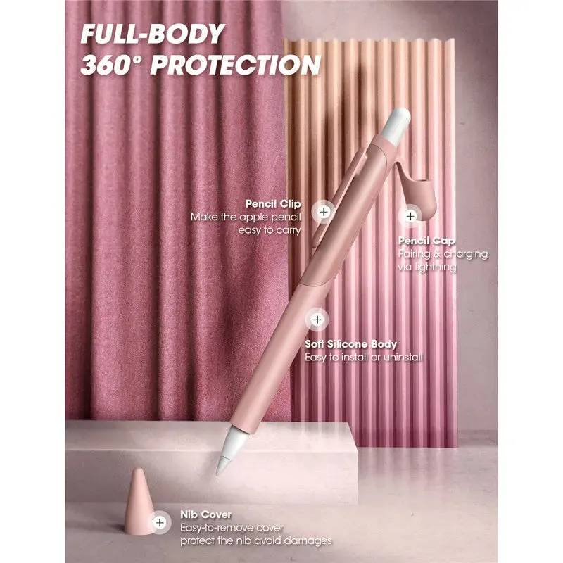For Apple Pencil 1 1St Generation Anti-Slip Grip Silicone Protective Case With 3 Pieces Nib Cover