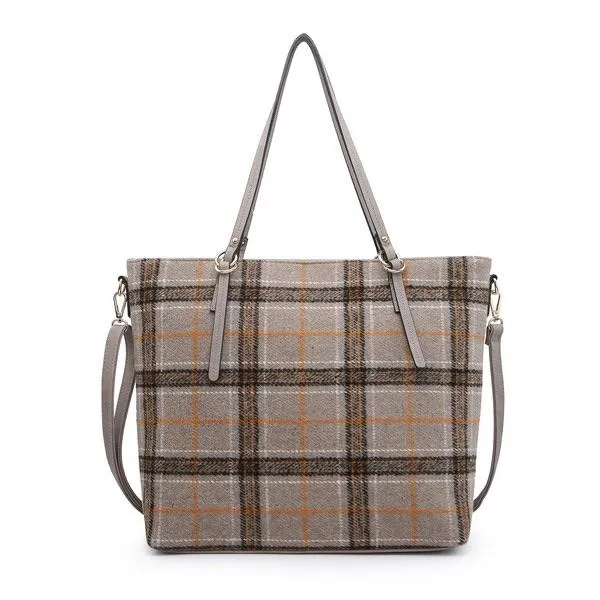 Plaid Zipper Top Closure Tote (Khaki)
