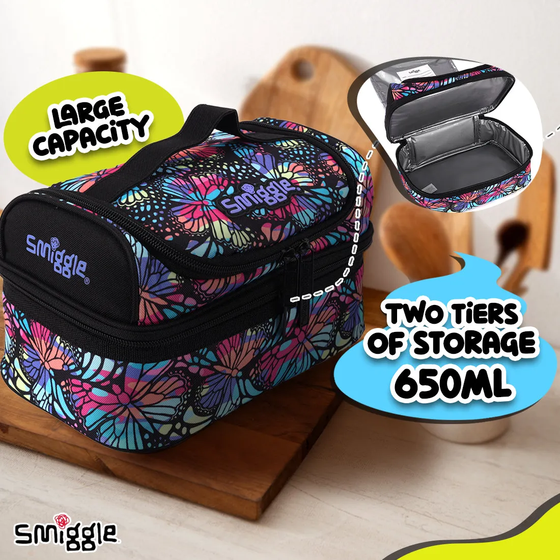 Smiggle Vivid Double Decker Lunchbox (Bag) Black Mix, 3Y 