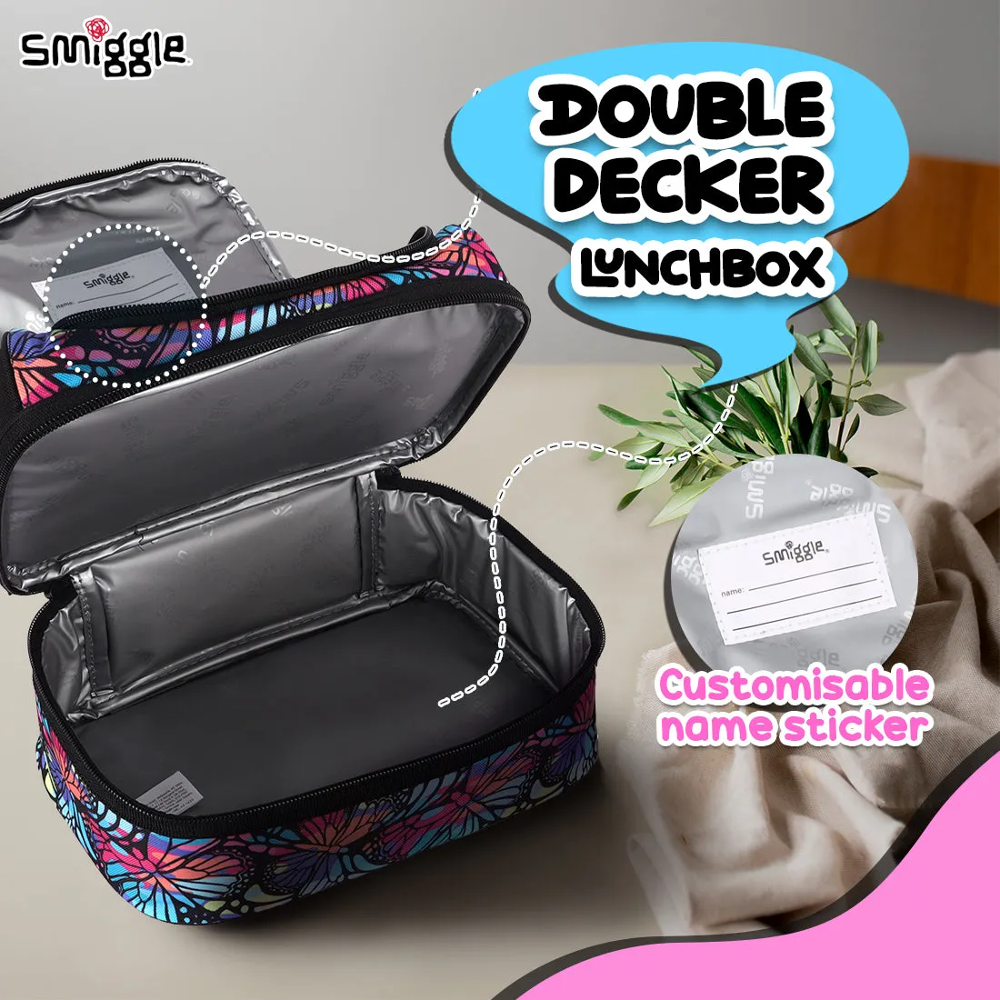 Smiggle Vivid Double Decker Lunchbox (Bag) Black Mix, 3Y 