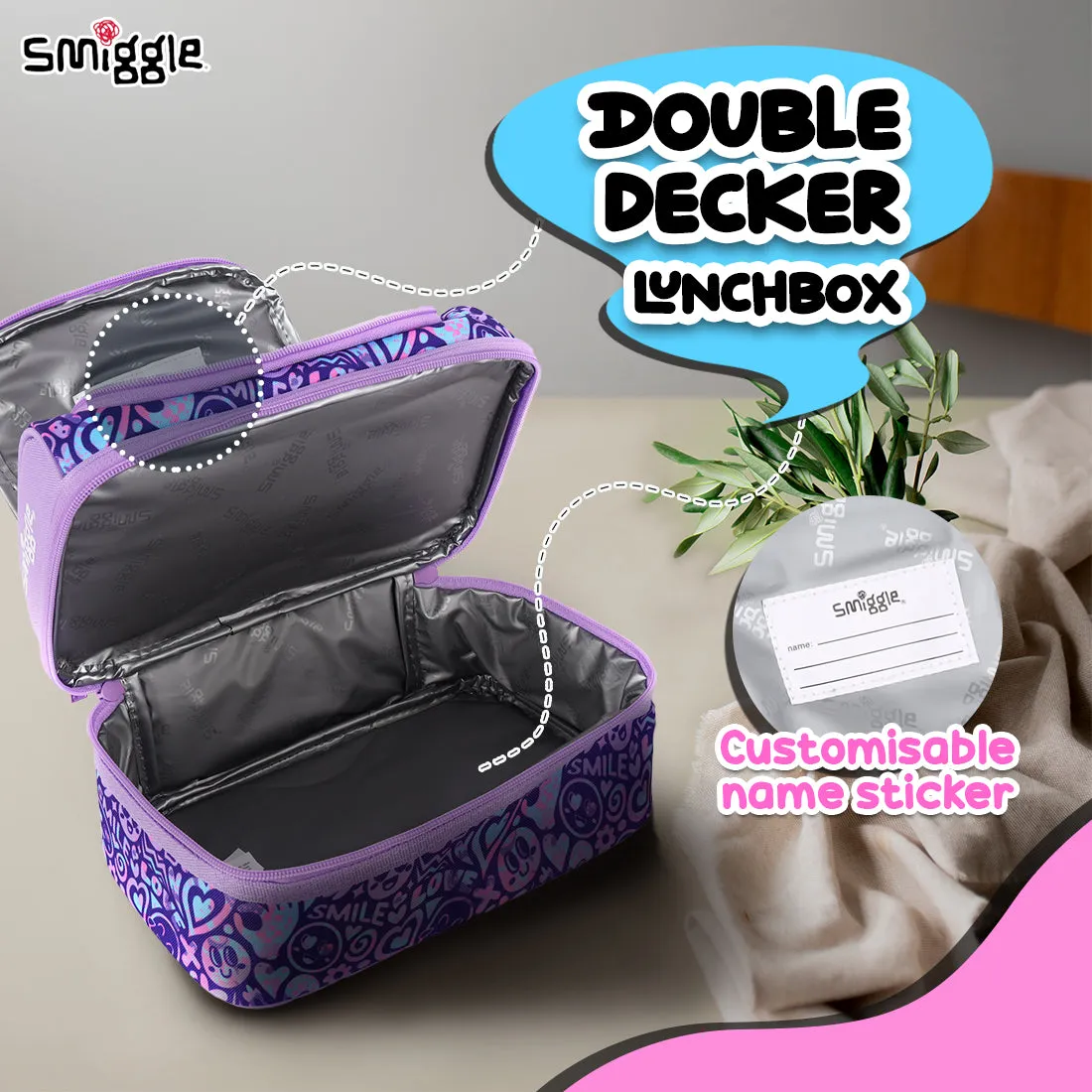 Smiggle Vivid Double Decker Lunchbox (Box) Lilac, 3Y 